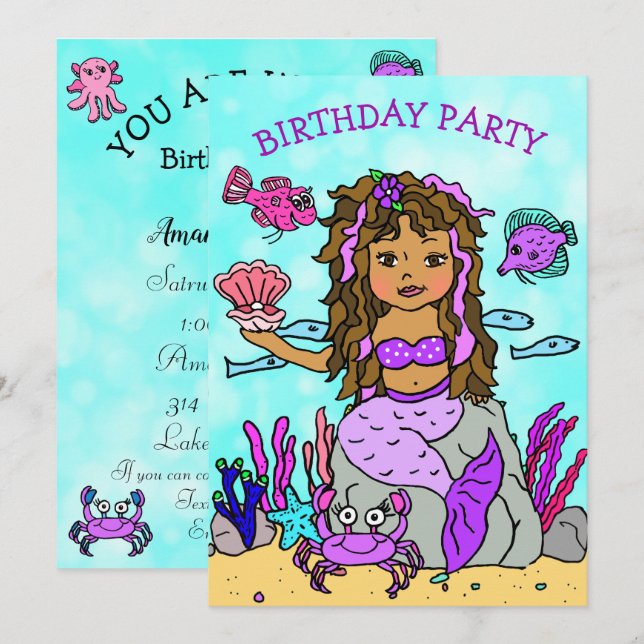 Ethnic Mermaid Under the Sea Birthday Party Invitation (Front/Back)