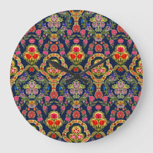 Ethnic Mughal Floral: Blue Seamless Pattern Large Clock