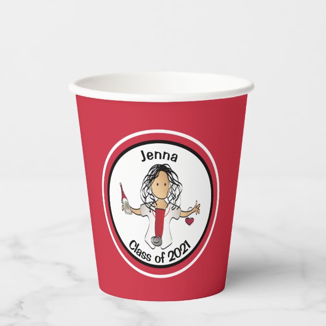 Ethnic Nurse Female Cartoon Graduation Red for Her Paper Cups (Front)