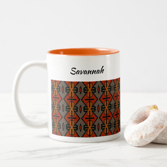 Ethnic Orange and Gold Pattern Two-Tone Coffee Mug (With Donut)