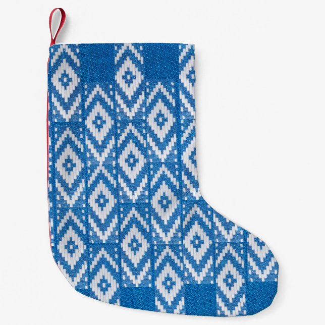 ethnic ornament on natural linen textile small christmas stocking (Front)