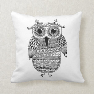 Ethnic Owl Ink Drawing Cushion