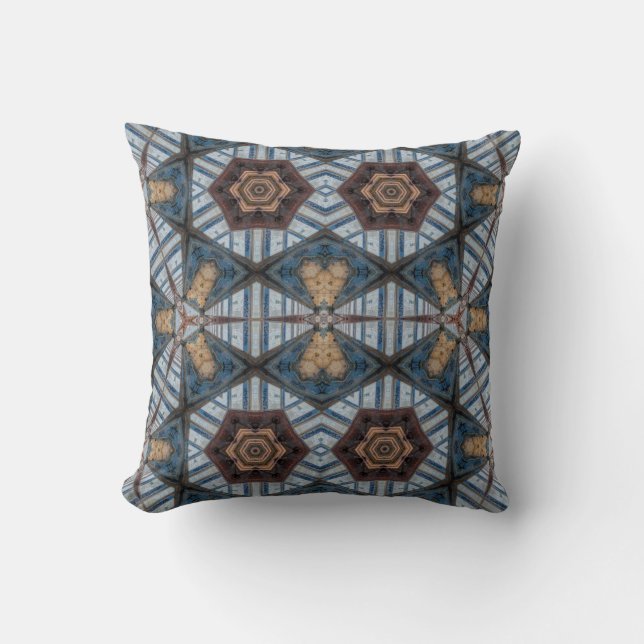 Ethnic Pattern Shades of Blue Tan Brown Cushion (Front)