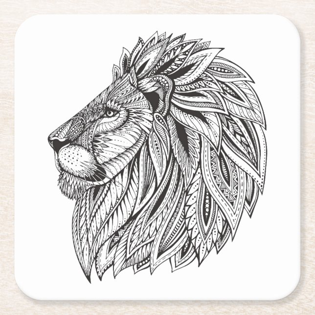 Ethnic Patterned Lion Head Square Paper Coaster (Front)