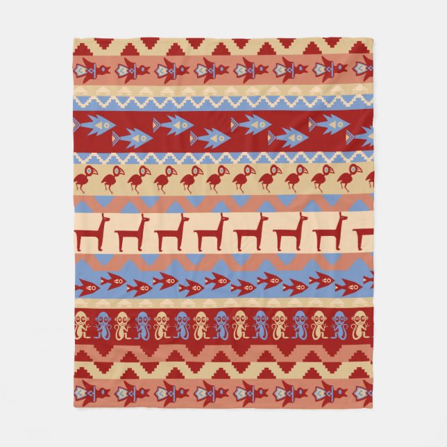 Ethnic Peruvian Inca Animals Llamas Fish and Birds Fleece Blanket (Front)