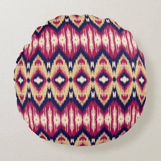 Ethnic pink blue ikat chevron pattern background T Round Cushion (Front)