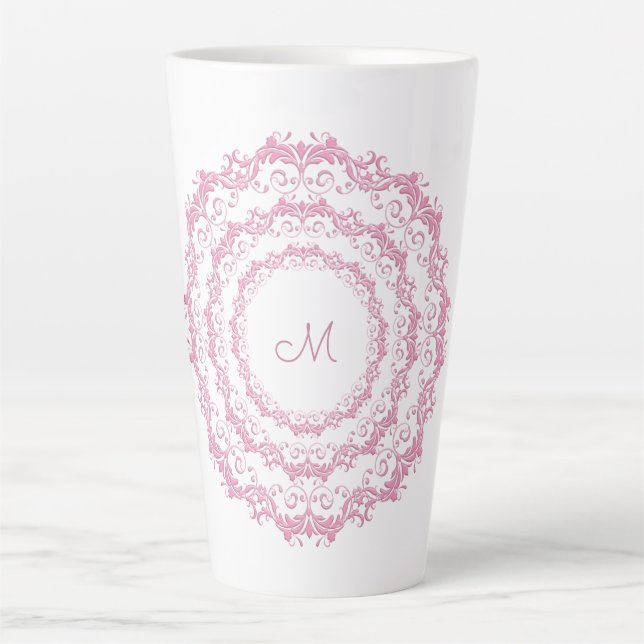 Ethnic Pink Floral Mandala, Monogram. Latte Mug (Front)