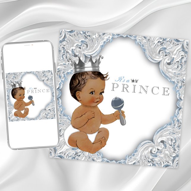Ethnic Prince Baby Shower Blue and Silver Invitation (Baby blue and silver baby shower invitation. Instant download and printed invitations available.)