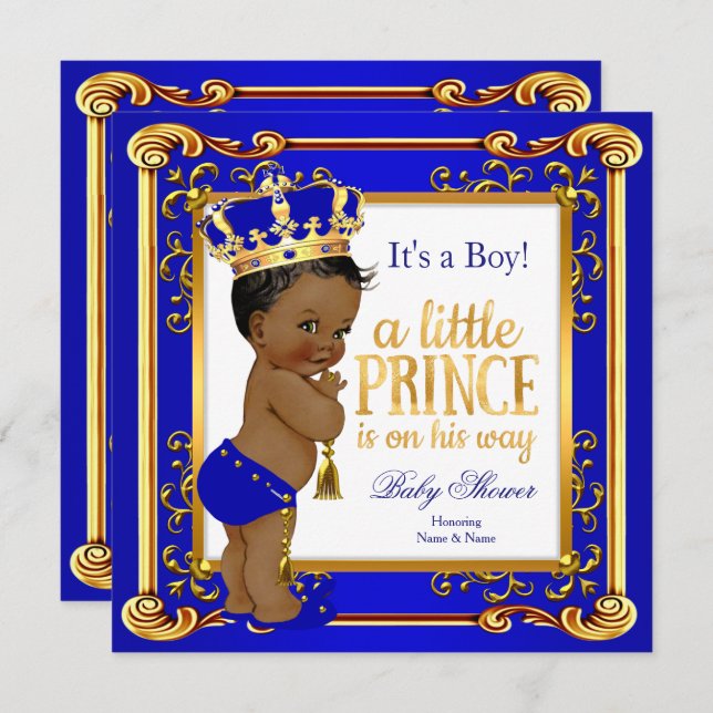 Ethnic Prince Baby Shower Blue Gold Crown Invitation (Front/Back)