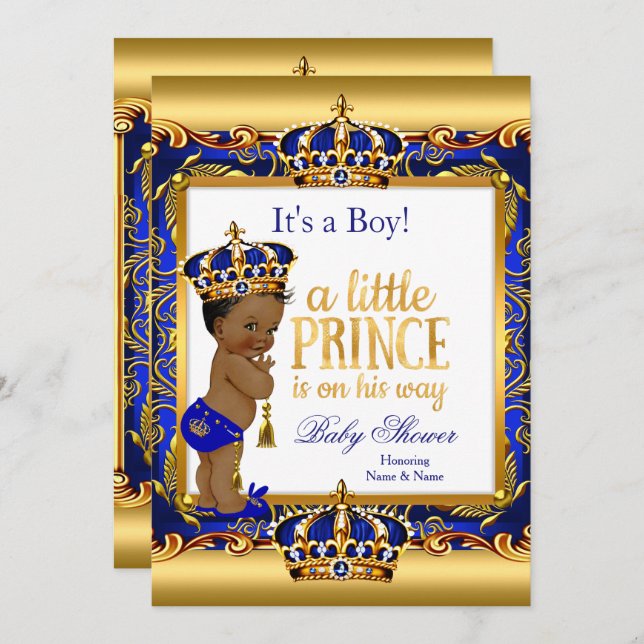 Ethnic Prince Baby Shower Blue Ornate Gold Invitation (Front/Back)