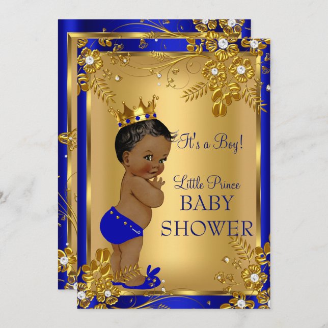Ethnic Prince Boy Baby Shower Gold Blue Floral Invitation (Front/Back)