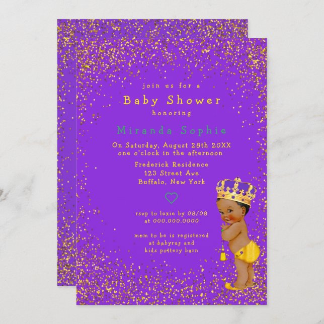Ethnic Prince Purple and Gold Boy Baby Shower Invitation (Front/Back)