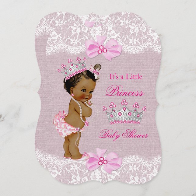 Ethnic Princess Baby Shower Girl Pink Burlap Lace Invitation (Front/Back)