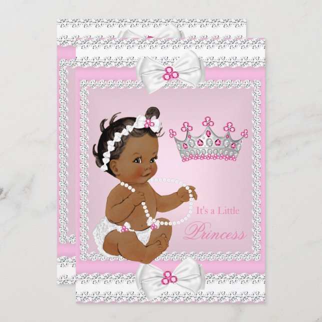 Ethnic Princess Baby Shower Pink White Pearls Bows Invitation (Front/Back)