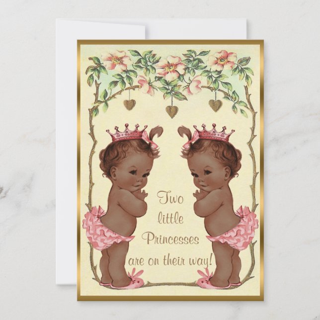 Ethnic Princess Twins Roses & Hearts Baby Shower Invitation (Front)