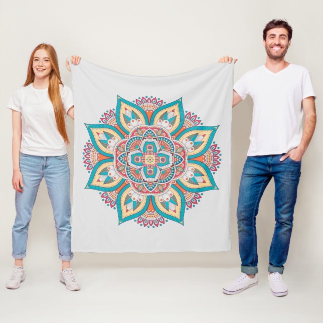Ethnic print colourful mandala style pattern fleece blanket (In Situ)