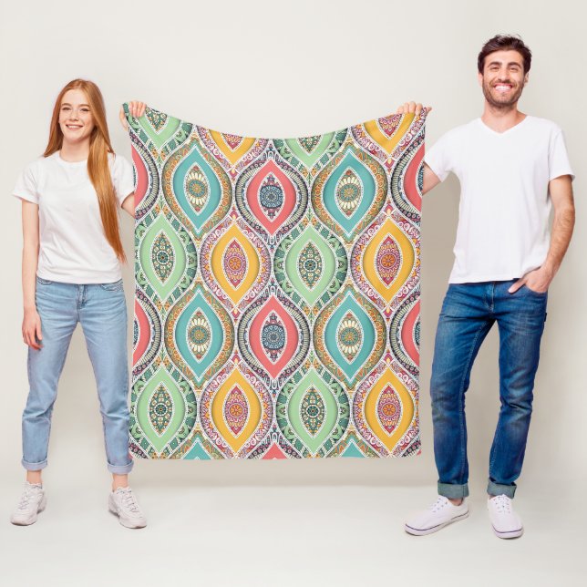 Ethnic print colourful mandala style pattern fleece blanket (In Situ)