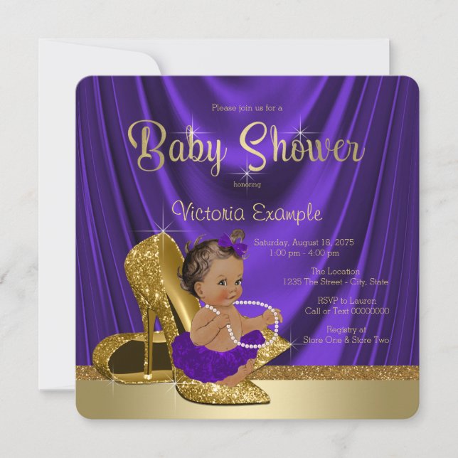 Ethnic Purple Ballerina Gold Shoe Baby Shower Invitation (Front)