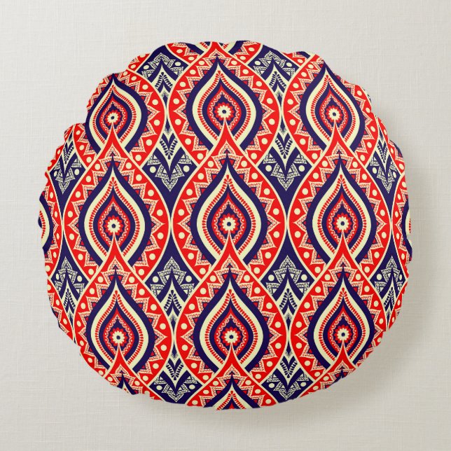 Ethnic red-gold colour Indian flower style pattern Round Cushion (Front)