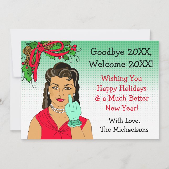 Ethnic Retro Lady Flipping the Bird Christmas Card (Front)