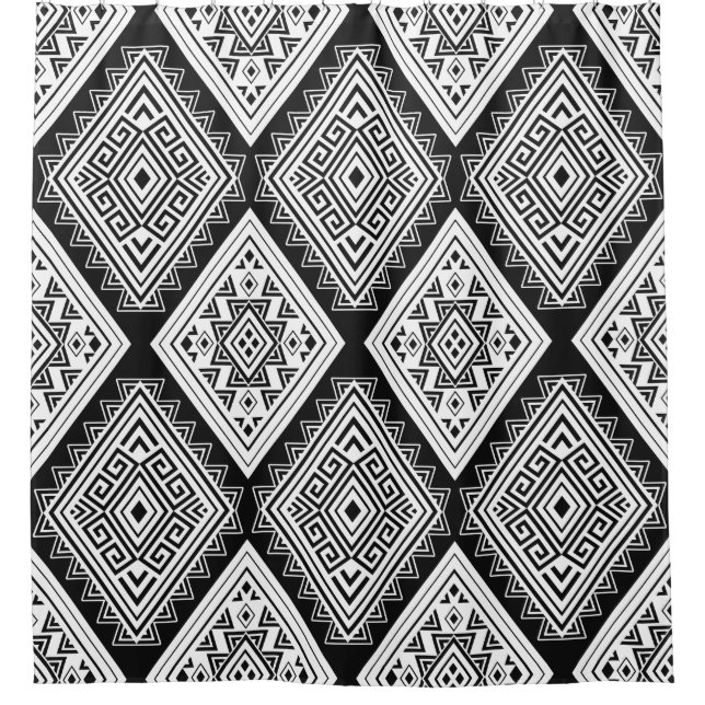 Ethnic Seamless Geometric Pattern Black and White Shower Curtain (Front)