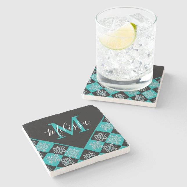 Ethnic squares personalised   stone coaster (Side)