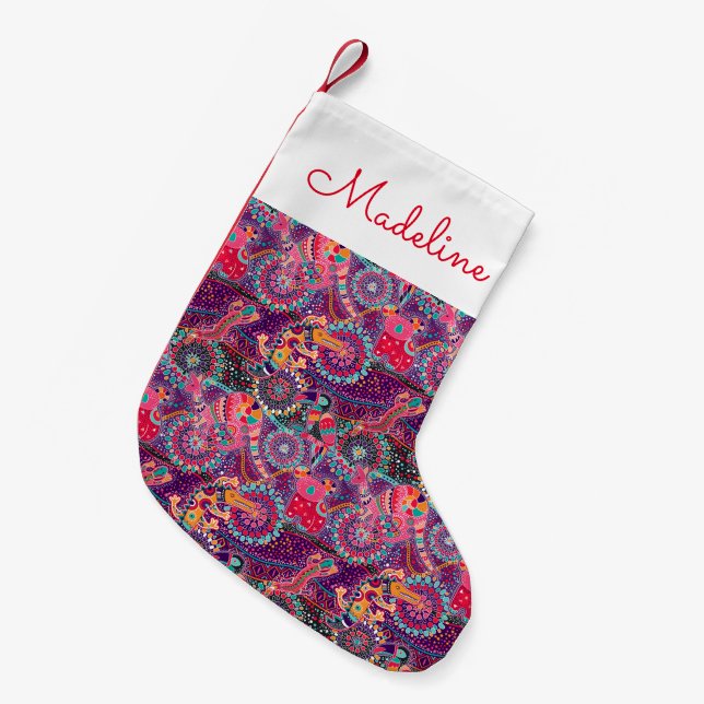 Ethnic Style Animal Pattern | Add Your Name Small Christmas Stocking (Front (Hanging))