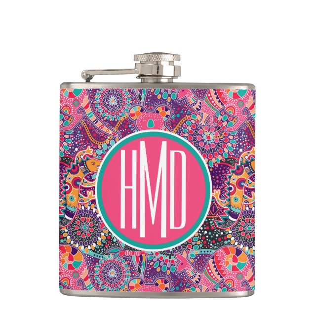Ethnic Style Animal Pattern | Monogram Hip Flask (Front)