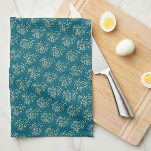 Ethnic Style Floral Mini-print Beige on Teal Tea Towel (Quarter Fold)