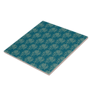 Ethnic Style Floral Mini-print Beige on Teal Tile