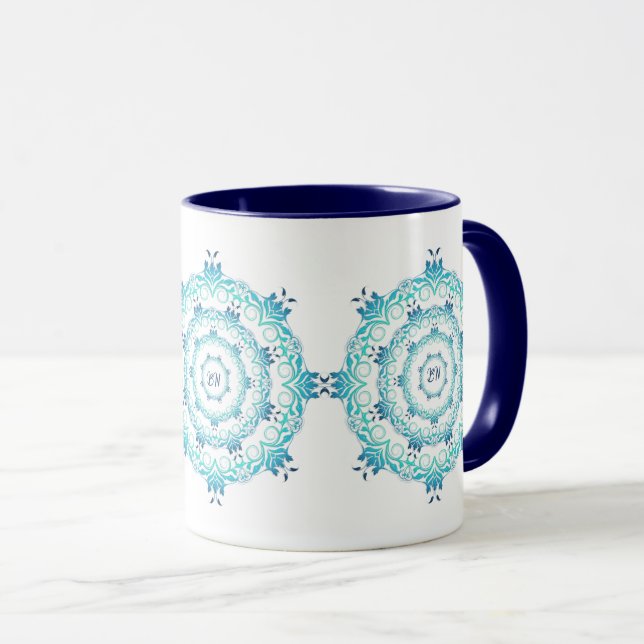 ethnic teal mandala. Floral Crown Mug (Front Right)
