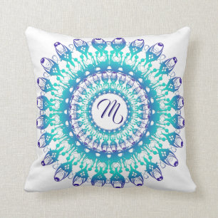 Ethnic teal mandala. monogram. cushion