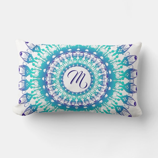 Ethnic teal mandala. monogram. lumbar cushion (Front)