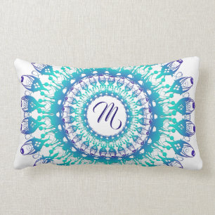 Ethnic teal mandala. monogram. lumbar cushion