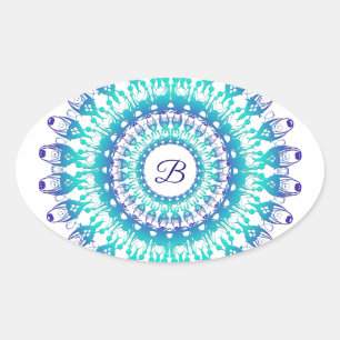 Ethnic teal mandala. monogram. oval sticker