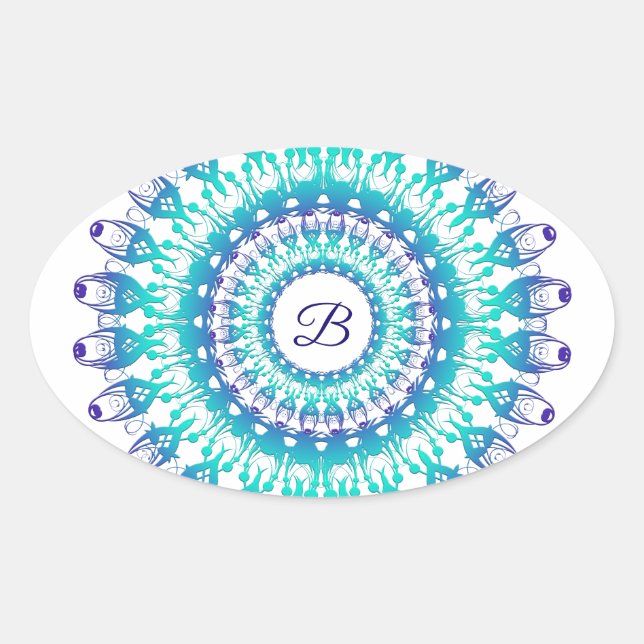 Ethnic teal mandala. monogram. oval sticker (Front)