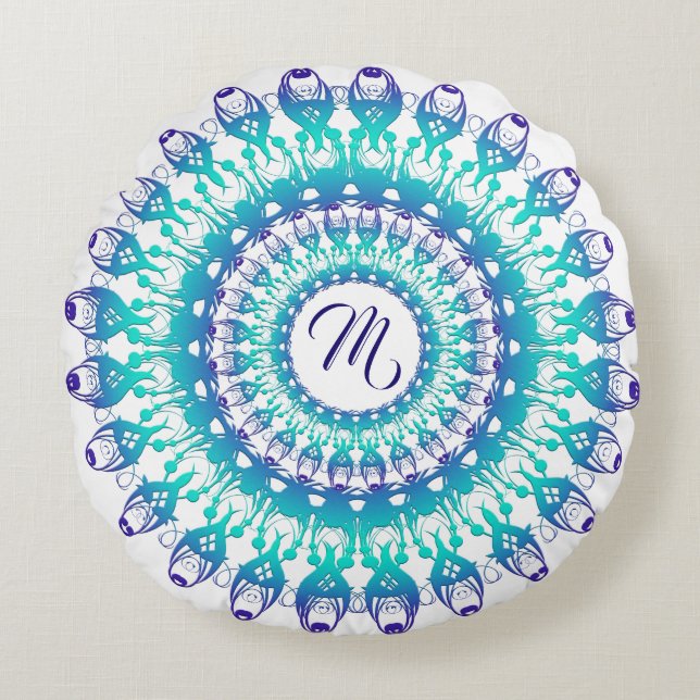 Ethnic teal mandala. monogram. round cushion (Front)