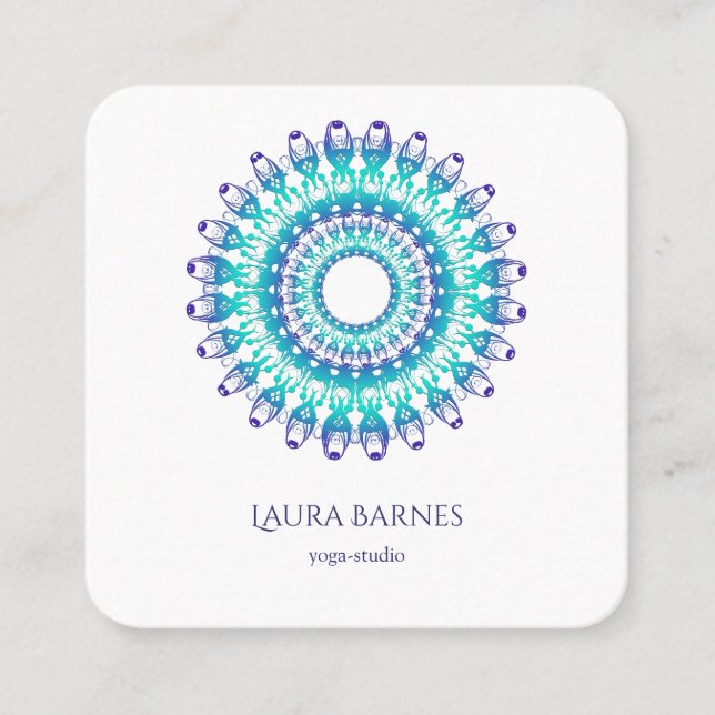ethnic teal mandala. Text. Square Business Card (Front)