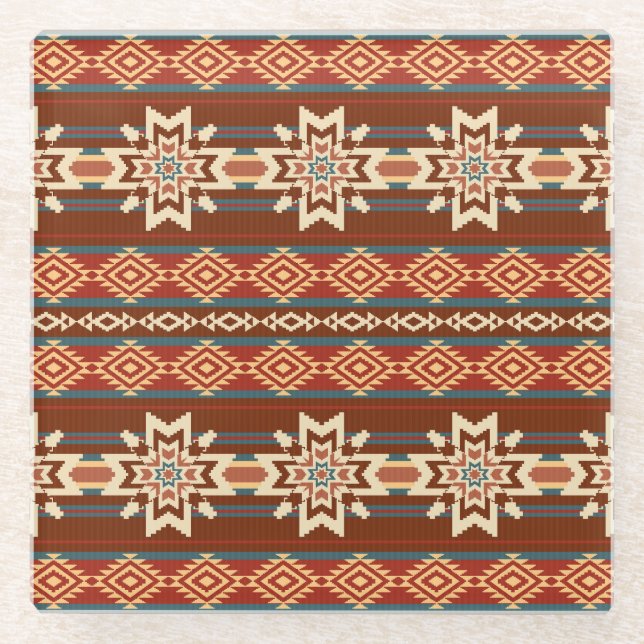 Ethnic Textile Stars: Abstract Pattern. Glass Coaster (Front)