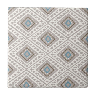  Ethnic Tile Pattern Print, blue, ecru, brown tile