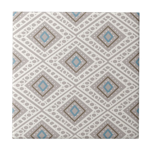  Ethnic Tile Pattern Print, blue, ecru, brown tile (Front)