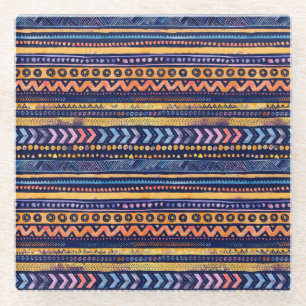 Ethnic Tribal Watercolor Dark Pattern Glass Coaster
