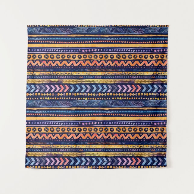 Ethnic Tribal Watercolor Dark Pattern Tapestry (Front)