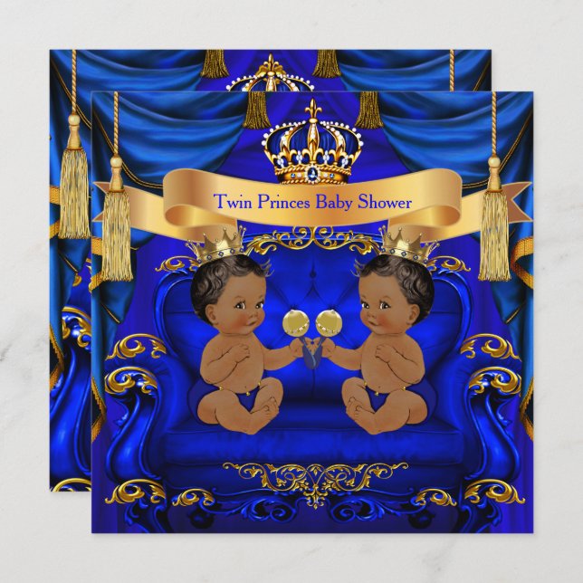 Ethnic Twin Baby Shower Boy Prince Blue Gold Invitation (Front/Back)