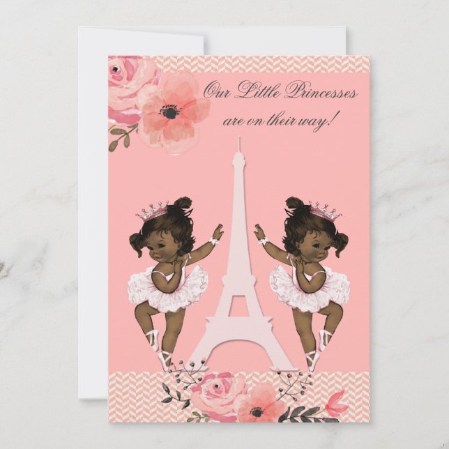 Ethnic Twin Ballerinas Floral Paris Baby Shower Invitation (Front)