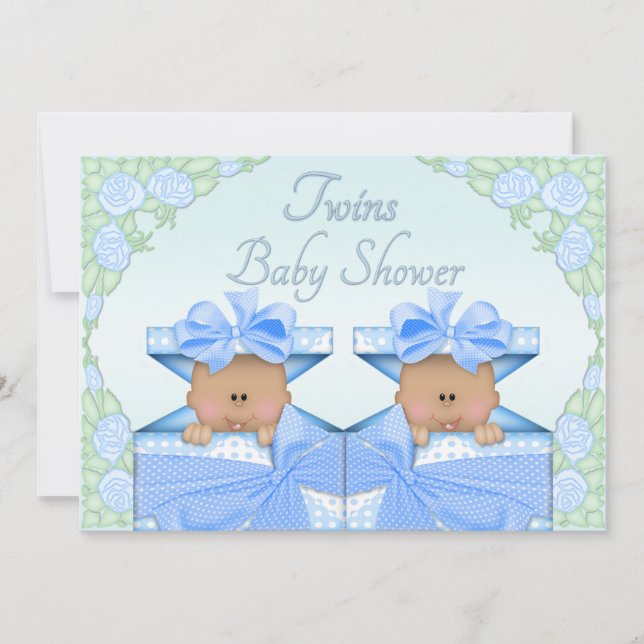 Ethnic Twin Boys in Gift Box Roses Baby Shower Invitation (Front)