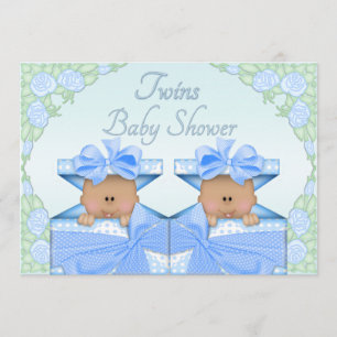 Ethnic Twin Boys in Gift Box Roses Baby Shower Invitation
