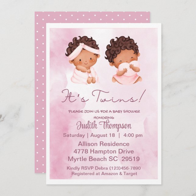 Ethnic Twin Girls Pink Baby Shower Invitation (Front/Back)