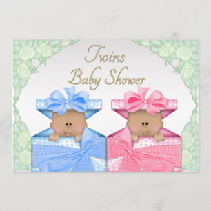 Ethnic Twins in Gift Box Roses Baby Shower Invitation