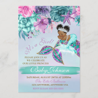 Ethnic vintage mermaid baby under the sea shower invitation